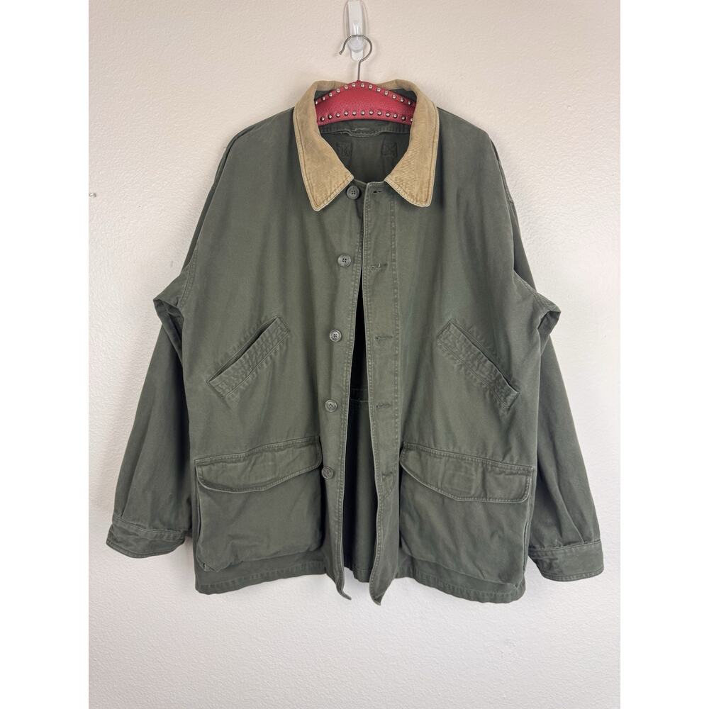 Vintage Cotton Canvas Barn Coat Field Jacket Corduroy Collar Olive Green Large